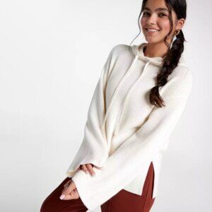 CALIA | Cashmere Blend Ribbed Knit Hooded Sweater Pullover in Cream | Small
